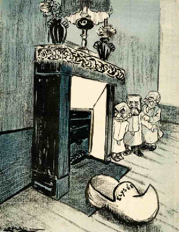 Georges Clémenceau, Armand Fallières and Émile Combes wait by the fireplace to surprise Santa. 1905. a Leal de Camara