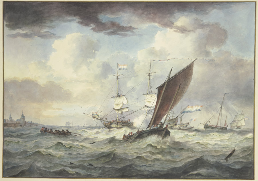 Stark bewegte See mit vielen Schiffen, ein großes Schiff lädt eine Kanone, davor ein Boot von vorne  a Leendert de Koningh