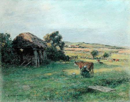 Landscape with a Peasant Woman Milking a Cow a Leon Augustin Lhermite