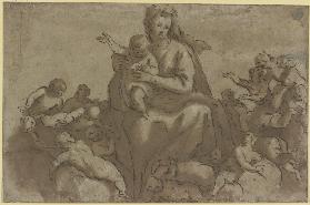 Madonna mit Kind in Wolken, von Engeln umgeben
