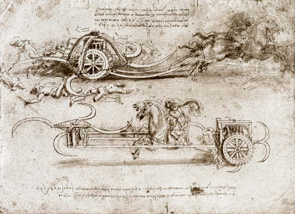 Battle chariots armed with scythes (pen & ink on paper) a Leonardo da Vinci