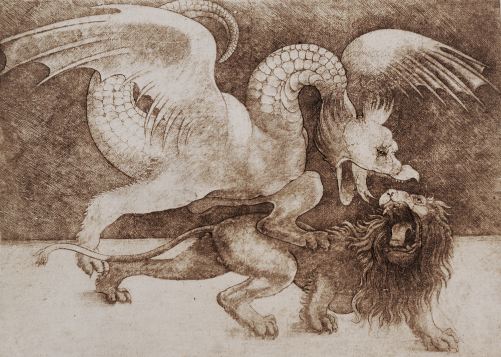Fight between a Dragon and a Lion (pen and ink on paper) (print) a Leonardo da Vinci