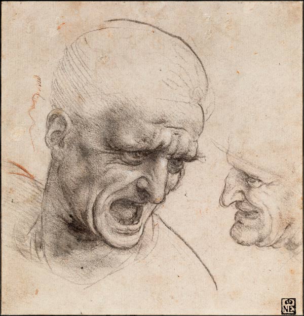 Studi per le teste di due soldati in "La Battaglia di Anghiari" a Leonardo da Vinci