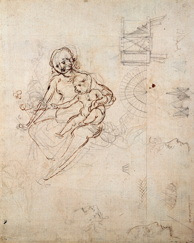 Studies for a Virgin and Child and of Heads in Profile and Machines, c.1478-80 (pencil and ink on pa a Leonardo da Vinci