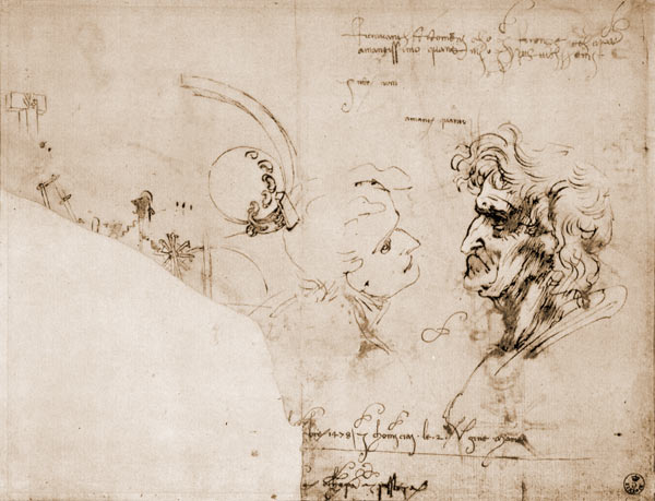 Study of two male heads, parts of machinery and mirror writing a Leonardo da Vinci
