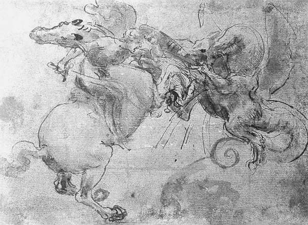 Battle between a Rider and a Dragon, c.1482 (stylus underdrawing, pen and brush on paper) a Leonardo da Vinci