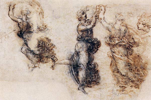 Three dancing figures and a study of a head (sepia & black ink on linen paper) a Leonardo da Vinci