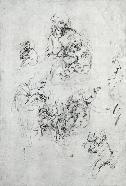 Studies for a Madonna with a cat, c.1478-80 (pen and ink over black chalk on paper) a Leonardo da Vinci