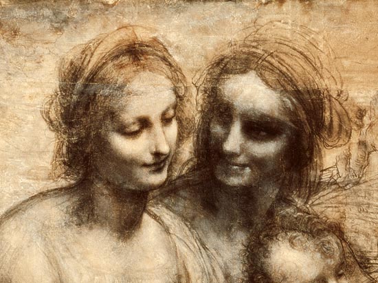 Madonna, Sant'Anna e il bambino (particolare dei visi della Madonna e Sant'Anna) a Leonardo da Vinci