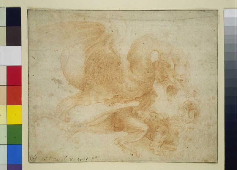 Ein Drache attakiert einen Löwen. a Leonardo da Vinci