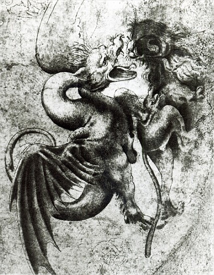 Fight between a Dragon and a Lion (brown ink with wash on paper) a Leonardo da Vinci
