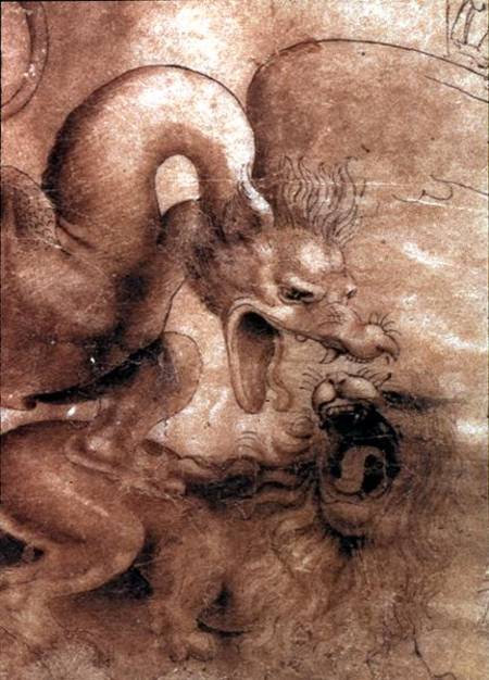 Fight between a dragon and a lion, a detail a Leonardo da Vinci