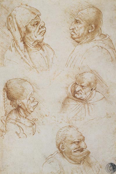 Five Studies of Grotesque Faces a Leonardo da Vinci