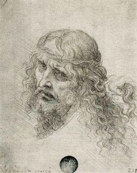 Head of Christ with a hand grasping his hair (black chalk on linen paper) a Leonardo da Vinci