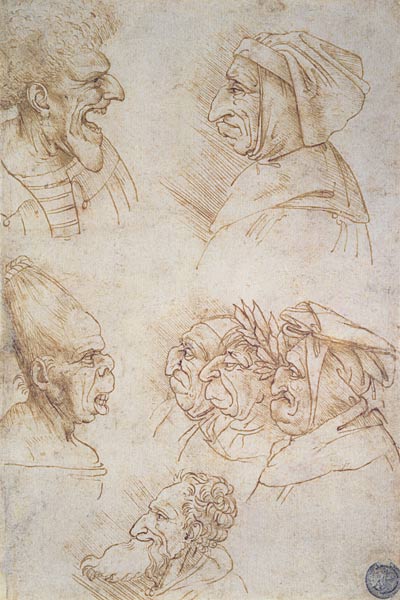Seven Studies of Grotesque Faces a Leonardo da Vinci