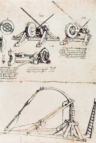 Study for catapults (pen & ink on paper) a Leonardo da Vinci