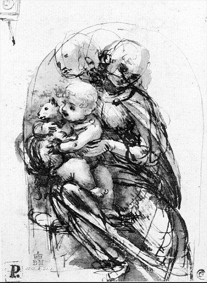 Study for a Madonna with a Cat, c.1478-80 (pen & ink over stylus underdrawing on paper) a Leonardo da Vinci