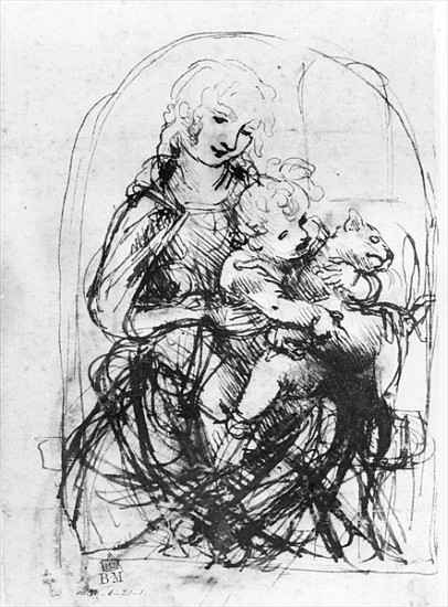 Study for a Madonna with a Cat, c.1478-80 (pen and ink over stylus underdrawing on paper) a Leonardo da Vinci