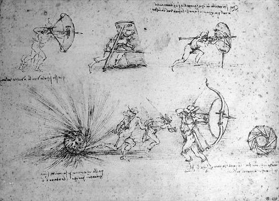 Study with Shields for Foot Soldiers and an Exploding Bomb, c.1485-88 (pen and ink on paper) a Leonardo da Vinci