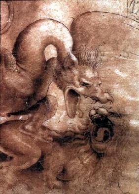 Fight between a dragon and a lion, a detail
