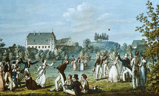 Ball Games at Atzenbrugg with Franz Schubert (1797-1828) and friends seated in the foreground a Leopold Kupelwieser