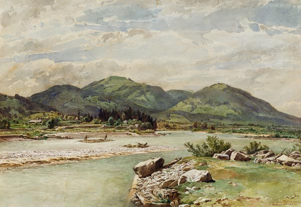 Isarlandschaft at Lengries with wood raft a Leopold Rottmann