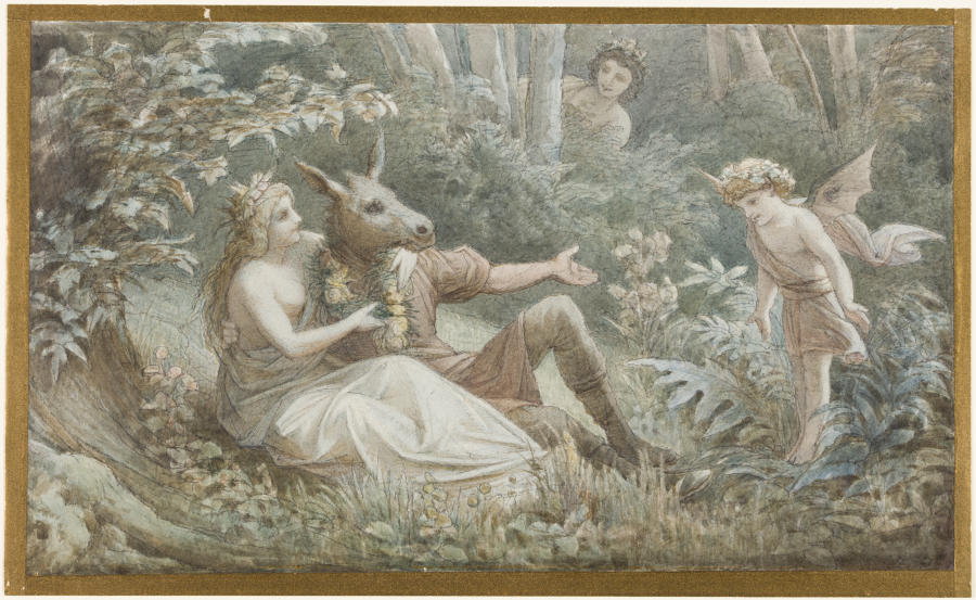 Die Elfenkönigin Titania bekränzt den neben ihr sitzenden, eselköpfigen Nick Bottom a Leopold von Bode
