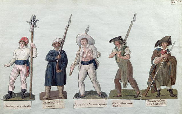 A Sans Culotte with his Pike, a Carter, a Market Porter, a Cobbler and a Carpenter (gouache on card) a Lesueur Brothers