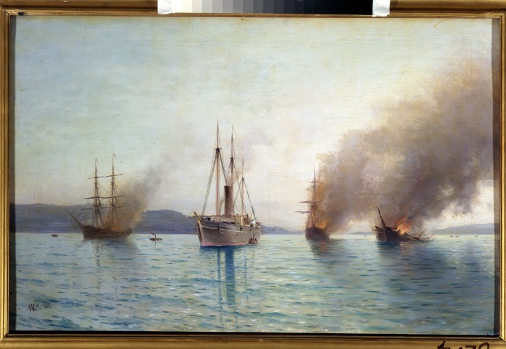 Russian torpedo boat tender Grand Duke Konstantin destroying the Turkish ships at Bosphorus on 1877 a Lew Felixowitsch Lagorio
