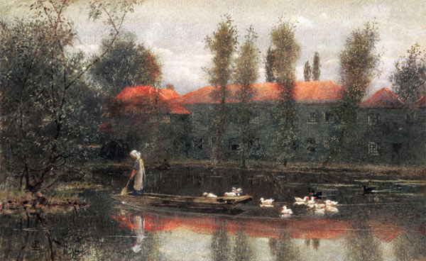 The Pond of William Morris Works at Merton Abbey (w/c and gouache on paper) a Lexden L. Pocock
