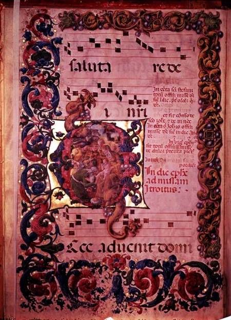 Page of music with an historiated initial 'G' depicting the Adoration of the Magi, from an antiphona a Liberale  da Verona