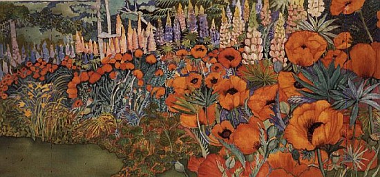 Poppy Border (watercolour) a Lillian  Delevoryas