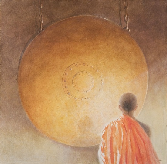 Young Buddhist Monk and Gong, Bhutan a Lincoln  Seligman