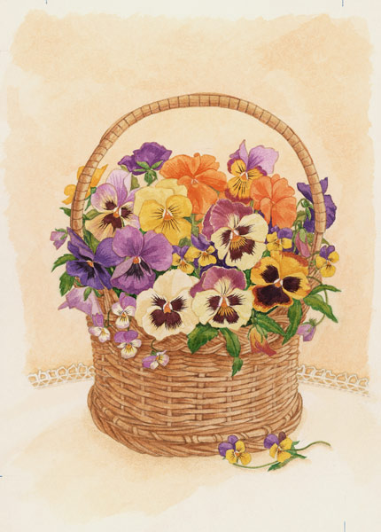 Basket of Pansies, 1998 (w/c on paper)  a Linda  Benton