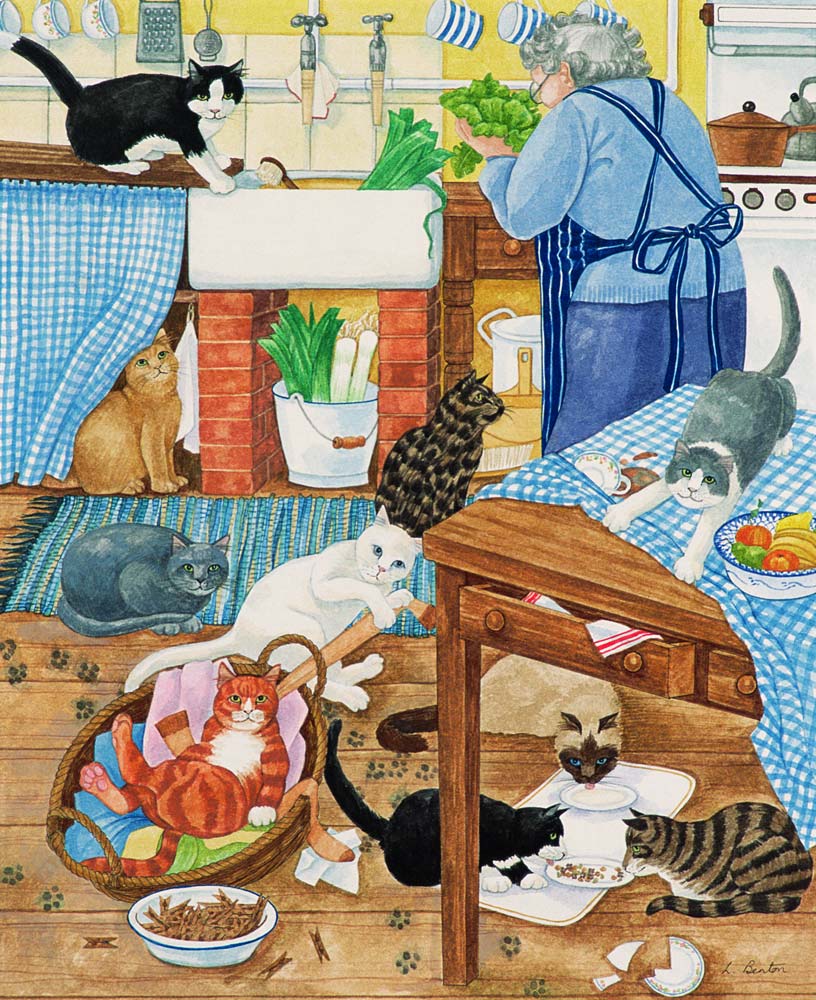 Grandma and 10 cats in the kitchen a Linda  Benton