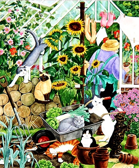 Grandma and 10 cats in the greenhouse a Linda  Benton