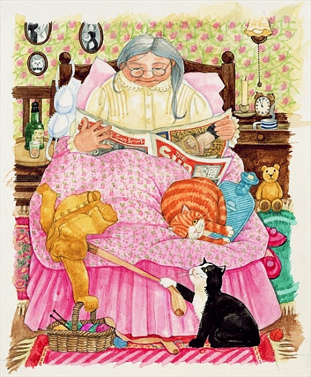 Grandma and 2 cats and a pink bed a Linda  Benton