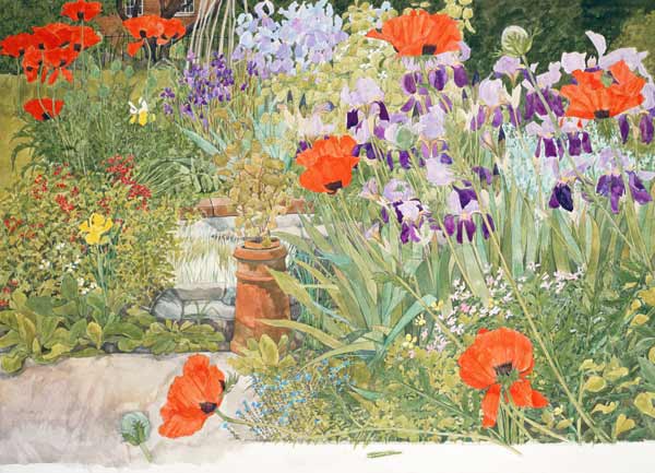 Poppies and Irises near the Pond  a Linda  Benton