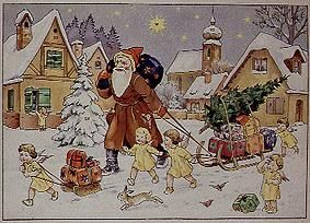 Representation from one of old Advent, calendar: St. Nicholas comes with his gifts a Lithographie