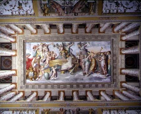 The main salon, view of the ceiling decoration depicting the Gods on Olympus with Eros and Pysche a Livio Agresti