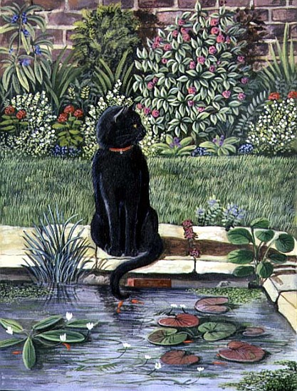 Black cat by a pond, 1983 (gouache)  a Liz  Wright
