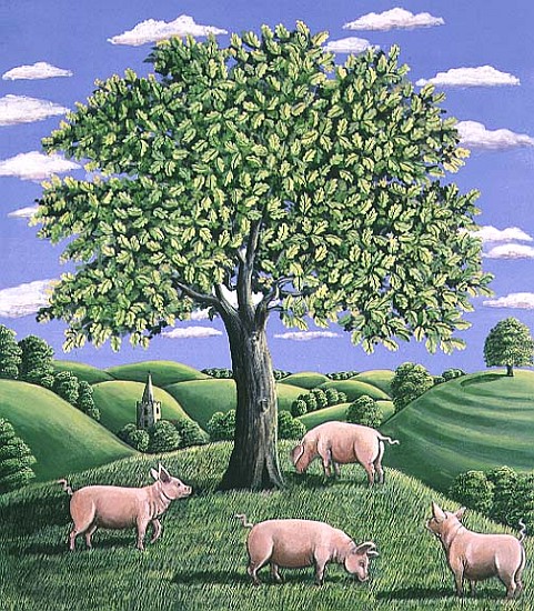 Pigs under an oak tree, 1985 (gouache)  a Liz  Wright