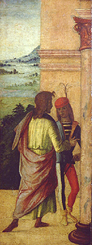 Zwei Männer, an einer Säule stehend a Lorenzo Costa