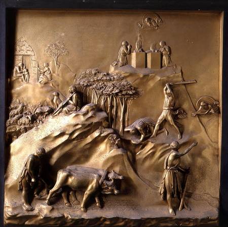 The Story of Cain and Abel: The Sacrifice, The Murder of Abel and God Banishing Cain, one of ten rel a Lorenzo  Ghiberti