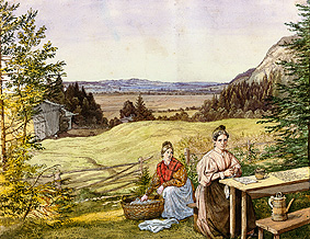 Look over a hill landscape with two women at a table. a Lorenzo Quaglio il Giovane