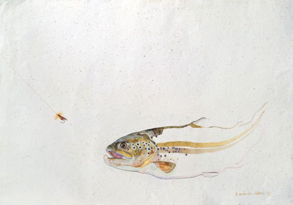 Trout chasing a fisherman''s fly (mixed media) (1991)  a Lou  Gibbs