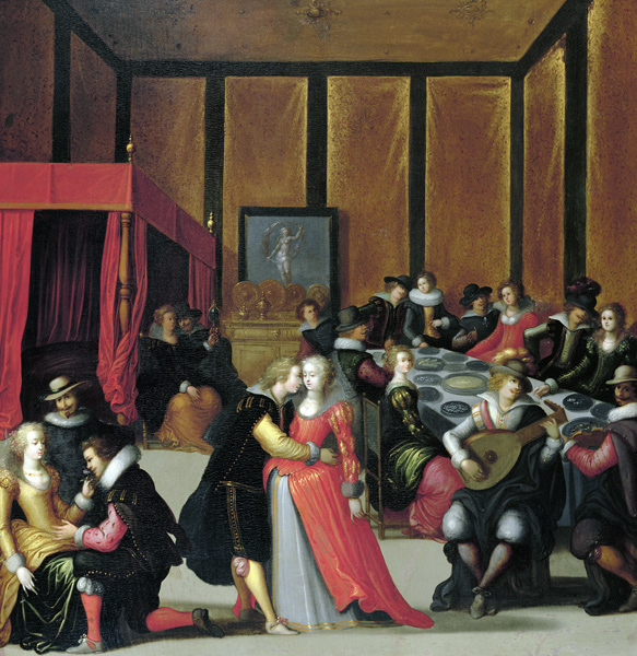 Scene Galante or The Five Senses (oil on canvas) a Louis de Caullery