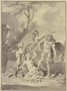 Herkules von Minerva gekrönt hält zwei gefesselte Mädchen mit Posaunen