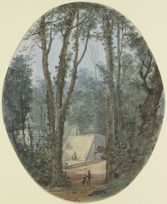 Parklandschaft mit hohen Bäumen und dem Blick auf einen Treppenanstieg im Mittelgrund a Louis Gabriel Moreau