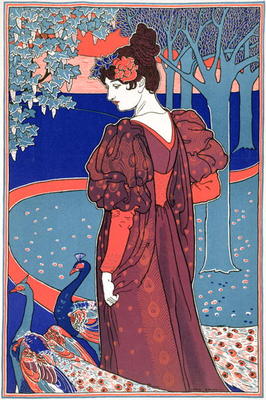 Woman with Peacocks, from 'L'Estampe Moderne', published Paris 1897-99 (colour litho) a Louis John Rhead